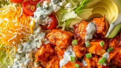 Delicious Buffalo Chicken Bowls served with fresh vegetables and creamy sauce.