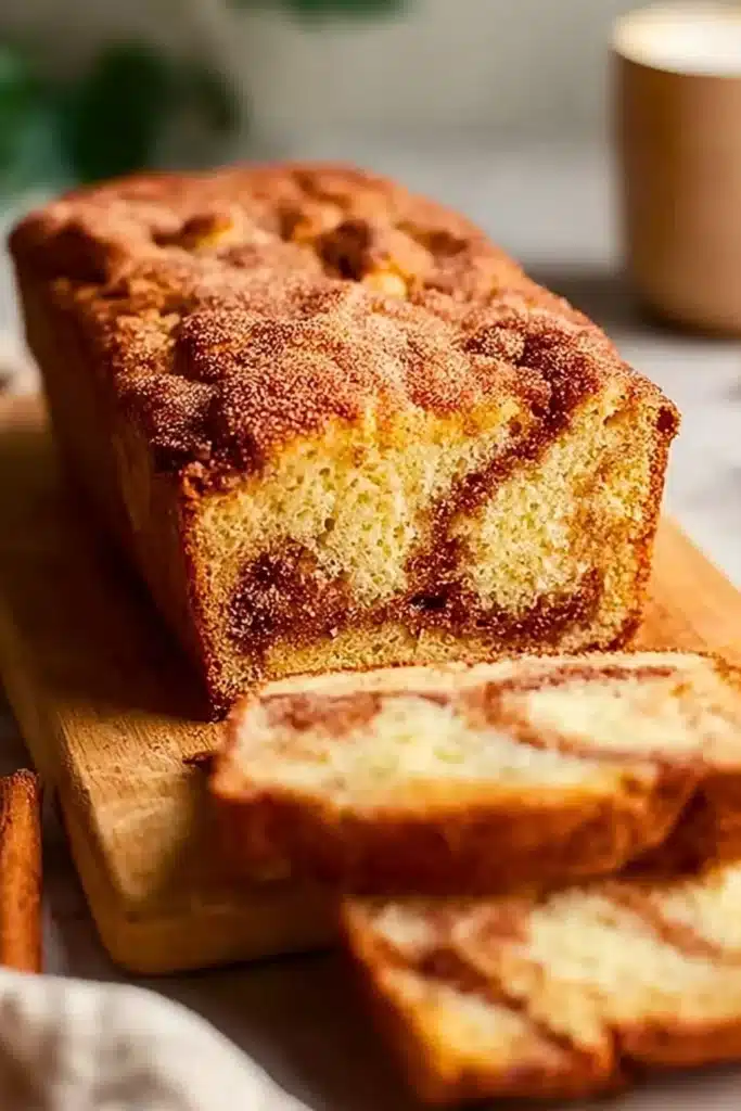 Buttery snickerdoodle bread fresh out of the oven with a sprinkle of cinnamon sugar.