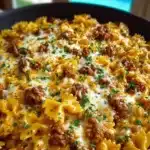 Cajun Cream Cheese Alfredo Bowties served with spiced ground beef