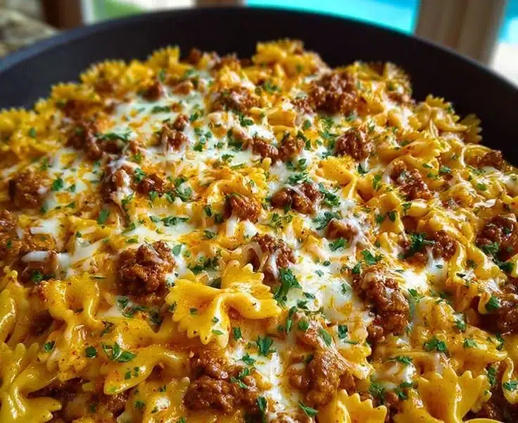 Cajun Cream Cheese Alfredo Bowties served with spiced ground beef