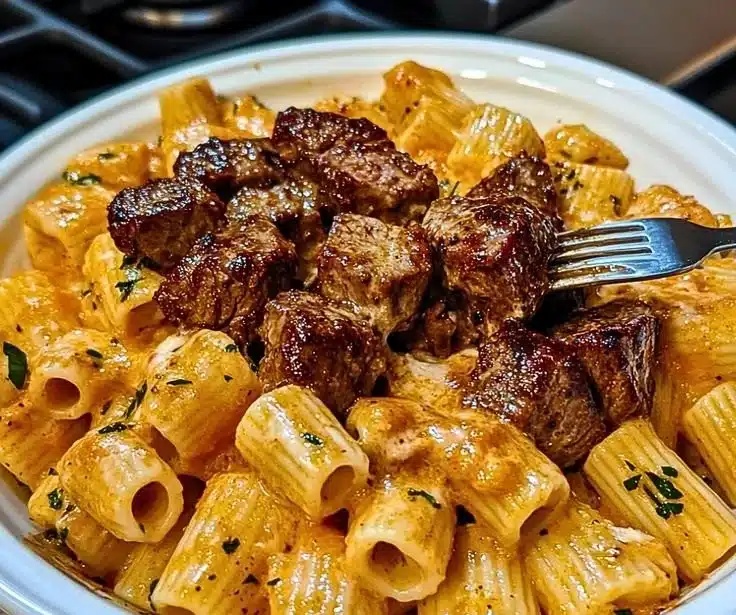 Delicious Cajun Steak Tips served with cheesy rigatoni pasta in a vibrant dish