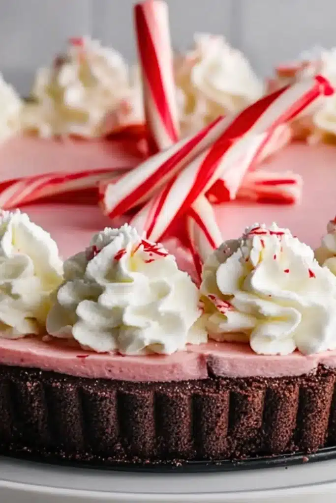 Delicious candy cane pie with festive decorations on a holiday table