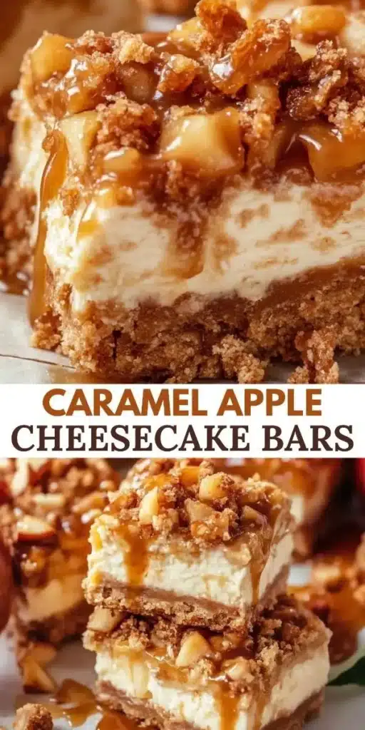 Delicious caramel apple cheesecake bars topped with caramel drizzle on a plate