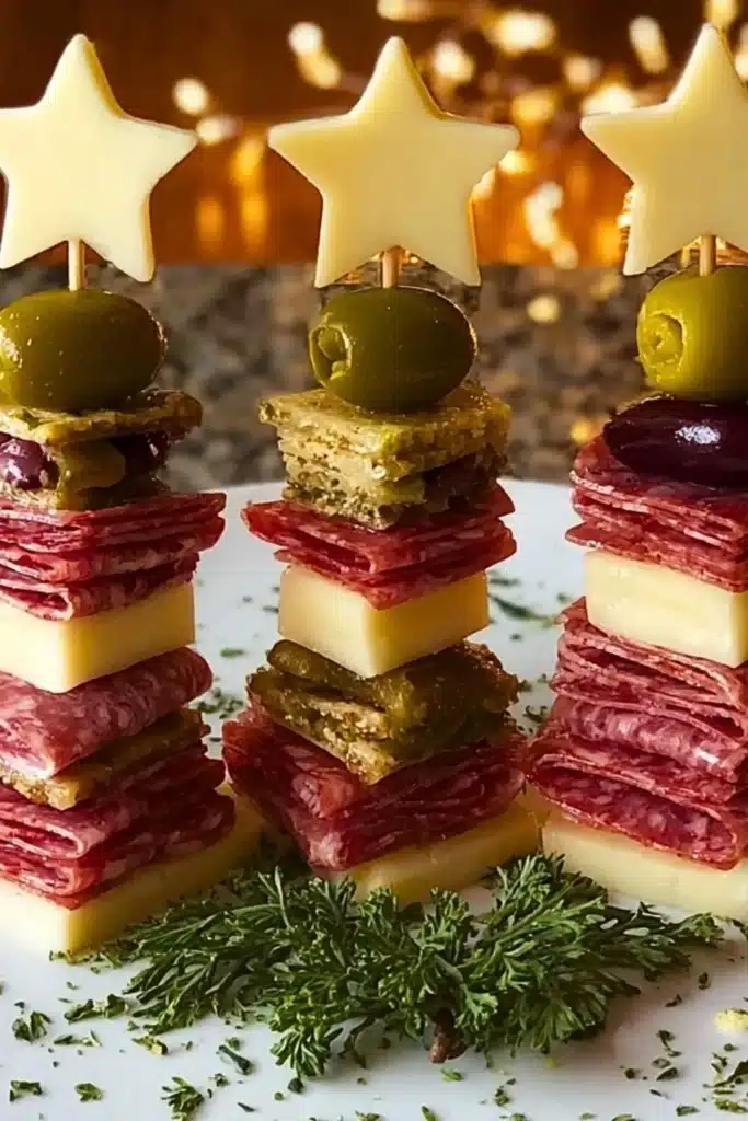 Colorful charcuterie skewers arranged in a festive tree shape for a party.