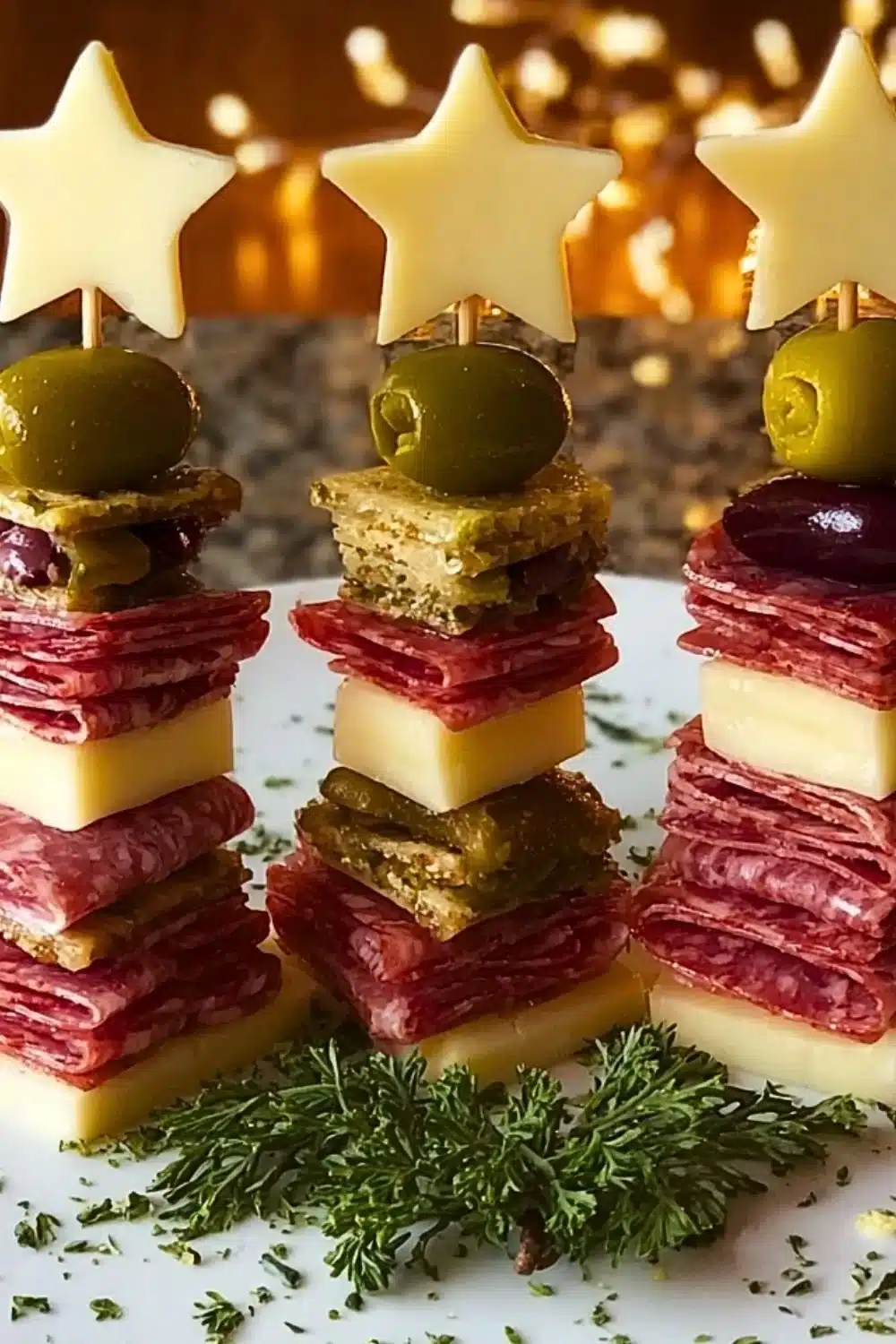 Colorful charcuterie skewers arranged in a festive tree shape for a party.