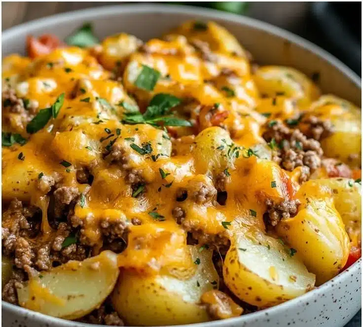 Cheesy Ground Beef & Potato Casserole topped with melted cheese