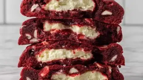 Chewy Red Velvet Cheesecake Stuffed NYC Cookies with a rich, creamy filling