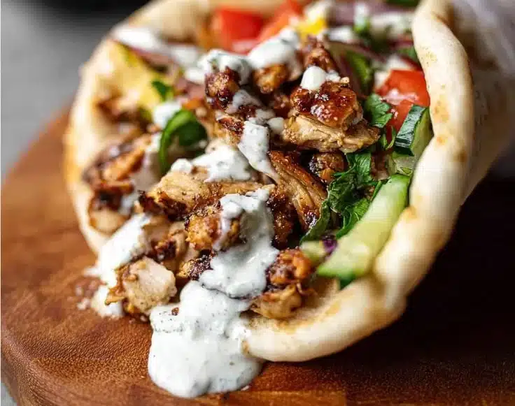 Plate of Chicken Shawarma with Garlic Sauce served with fresh vegetables