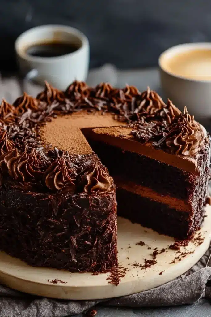 Decadent Chocolate Espresso Cake topped with chocolate ganache and coffee beans