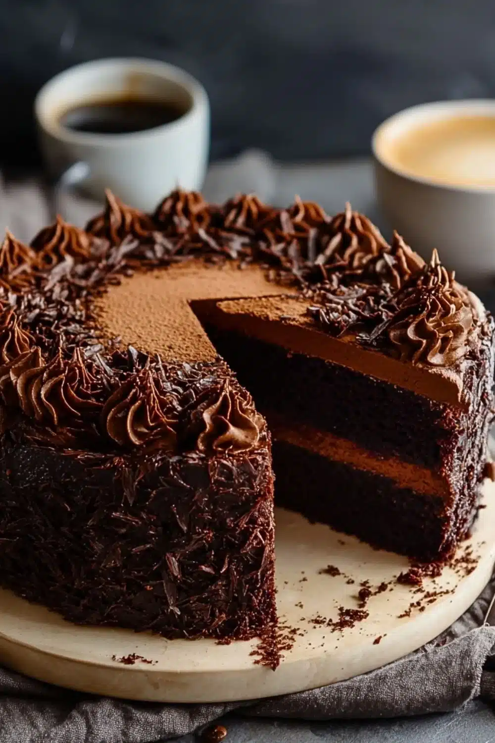 Decadent Chocolate Espresso Cake topped with chocolate ganache and coffee beans