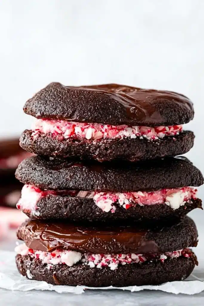 Chocolate Peppermint Sandwich Cookies on a festive plate