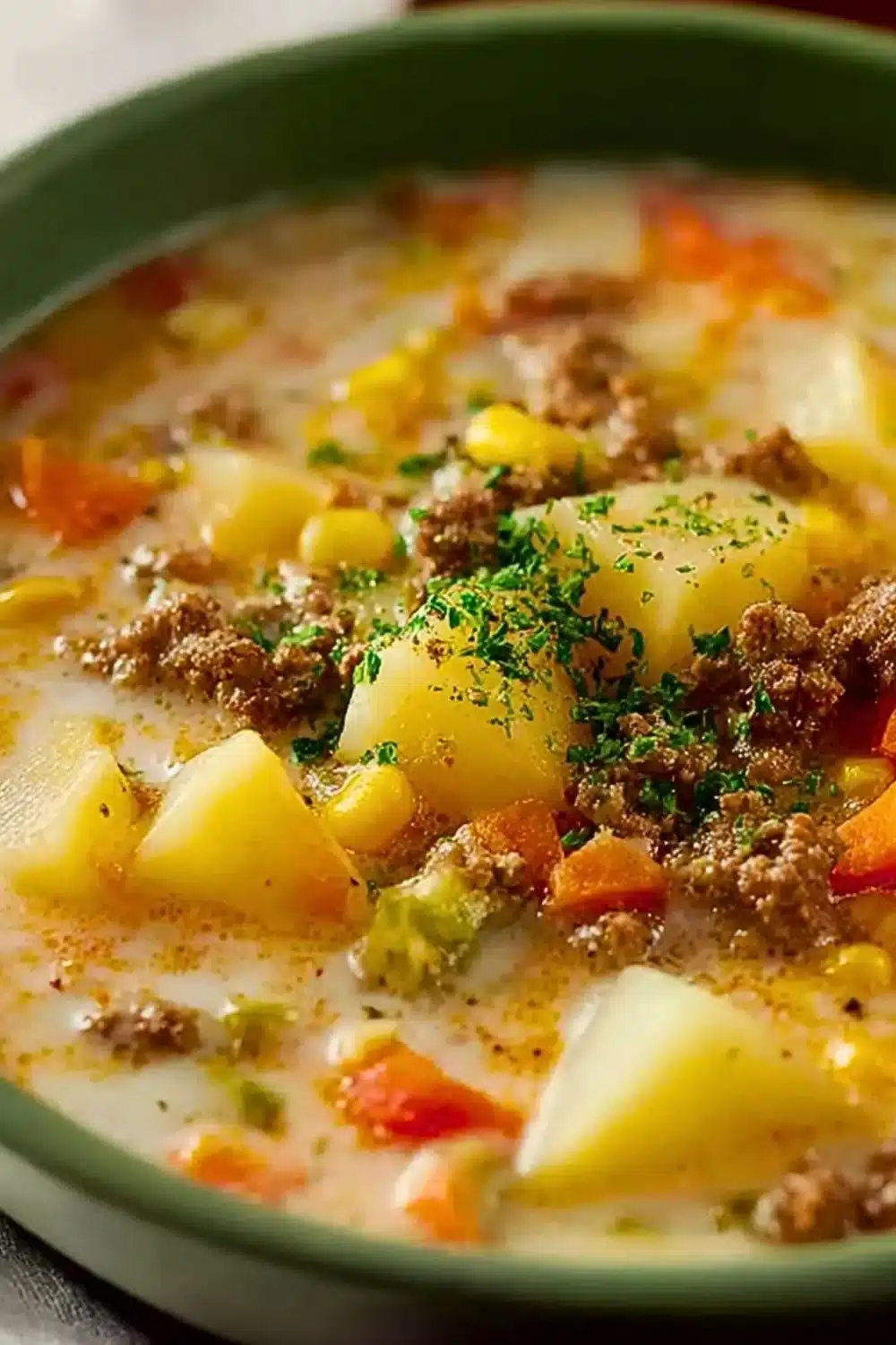 Bowl of chunky ground beef and potato soup with vegetables and herbs