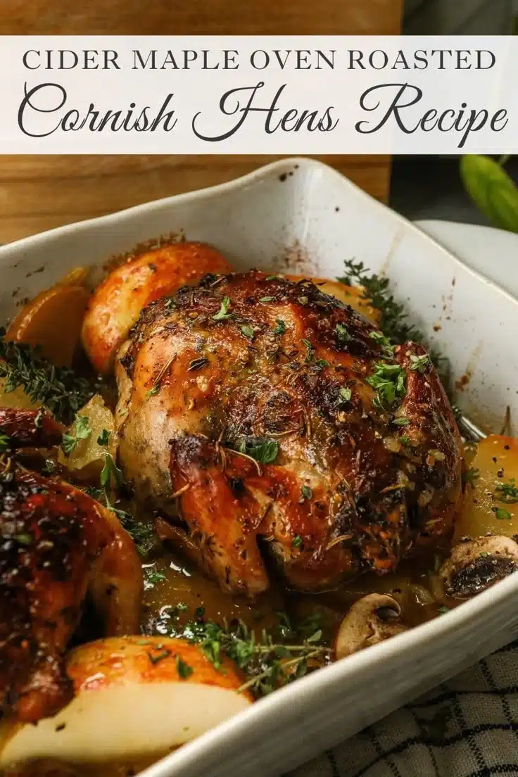 Cider Maple Oven Roasted Cornish Hen garnished with herbs on a platter