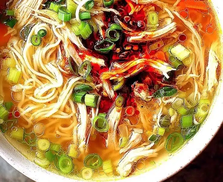 Delicious bowl of Ginger Garlic Chicken Noodle Soup with fresh ingredients.