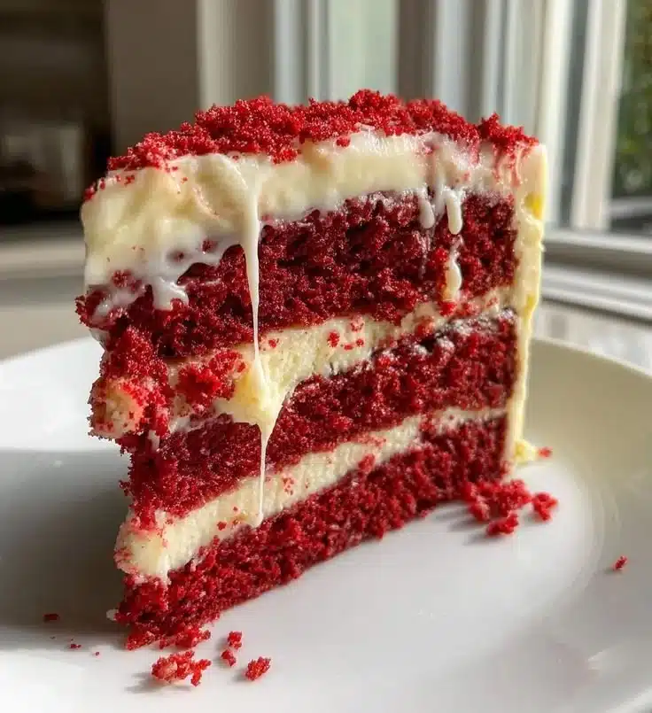 Slice of classic red velvet cake with cream cheese frosting