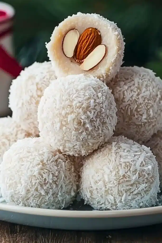 Delicious Coconut Almond Truffles with coconut flakes and almond topping