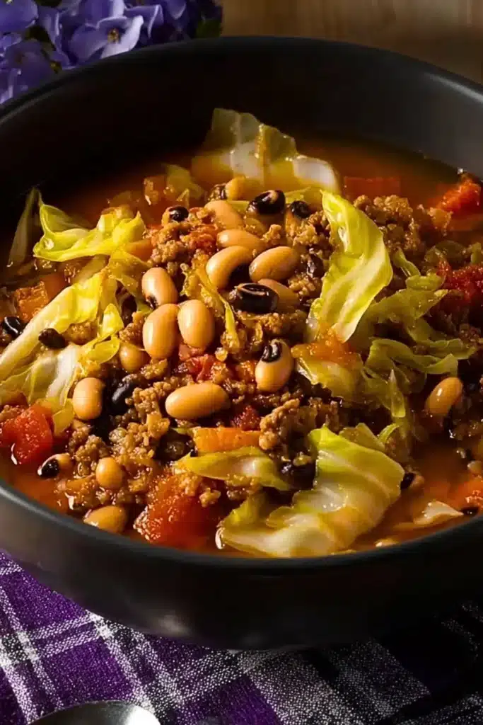 Bowl of comforting Black Eyed Peas and Cabbage served in a rustic dish