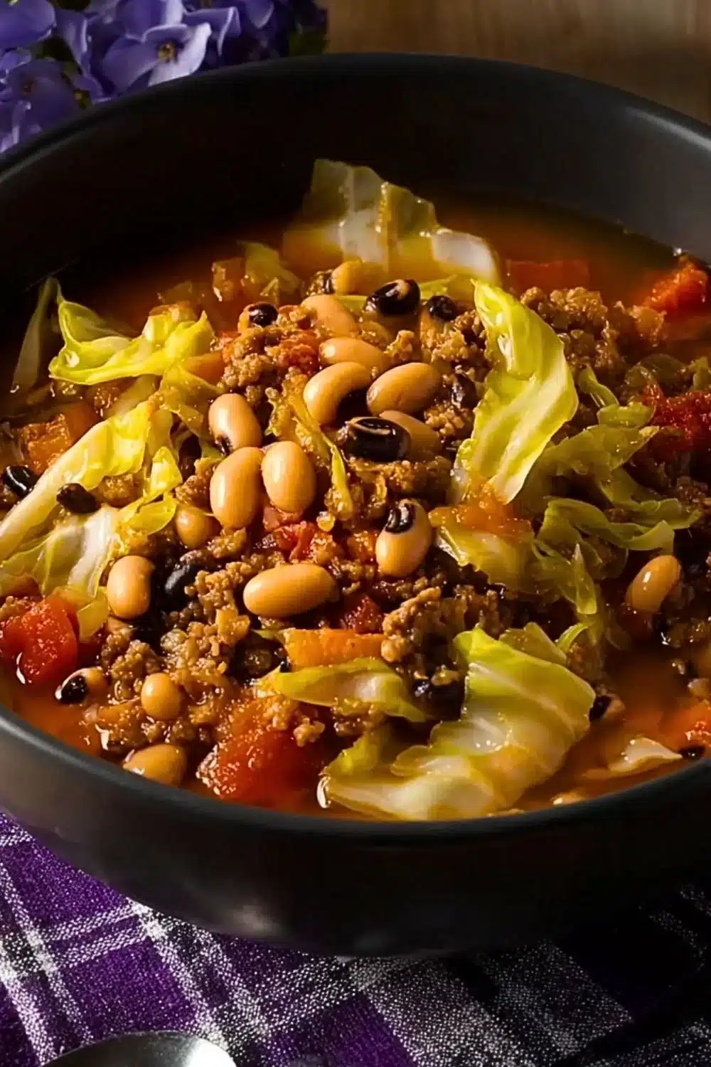 Bowl of comforting Black Eyed Peas and Cabbage served in a rustic dish