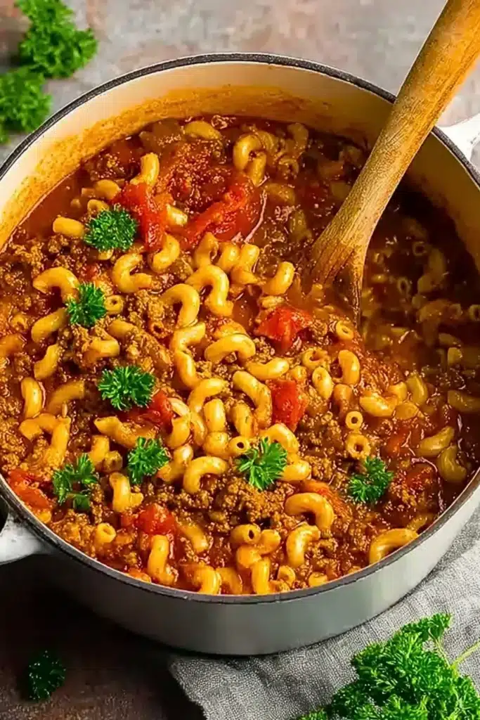 Delicious bowl of comforting ground beef goulash with vegetables