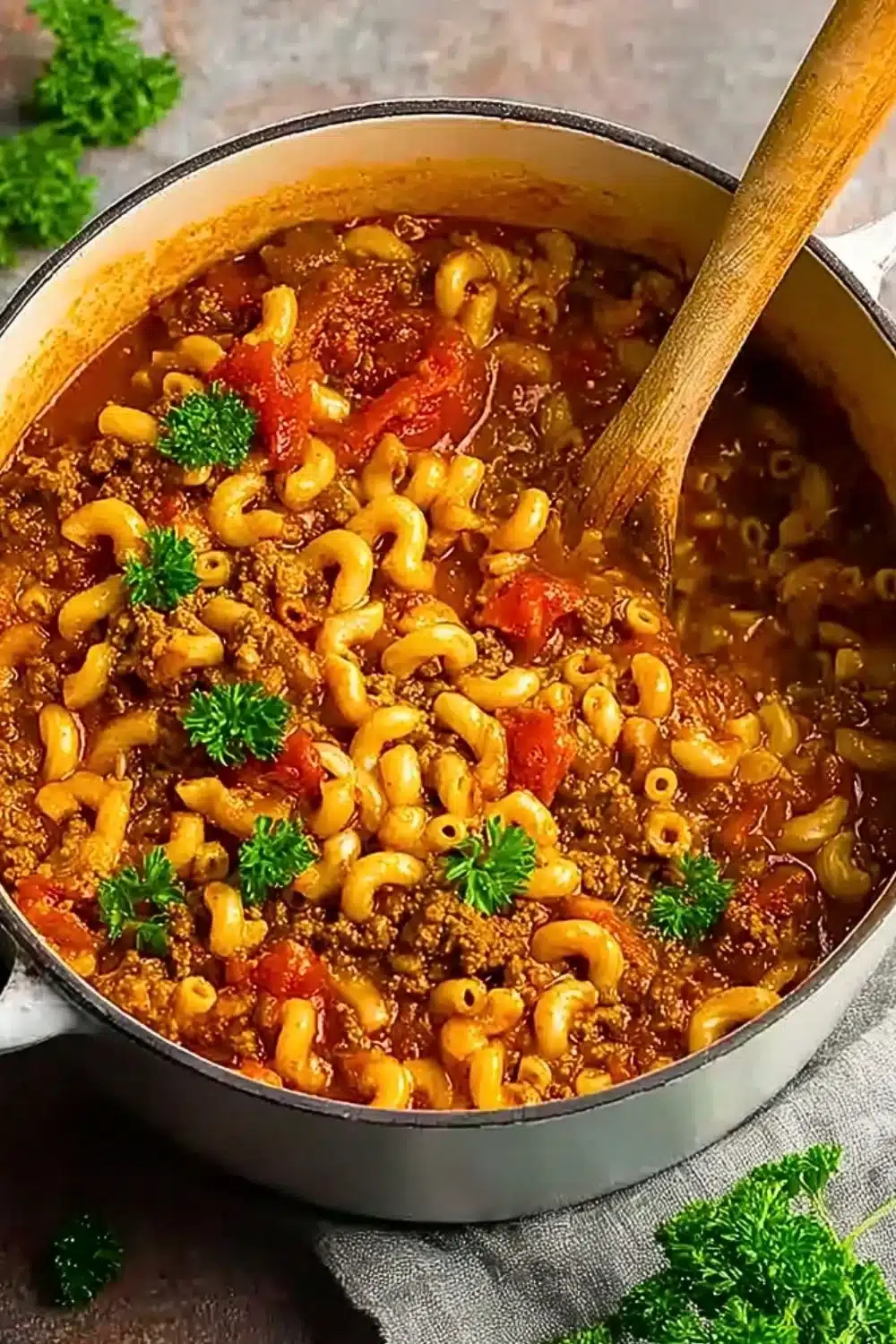 Delicious bowl of comforting ground beef goulash with vegetables