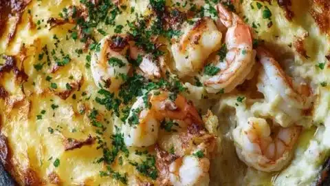 Delicious seafood shepherd's pie with crab and shrimp served in a bowl