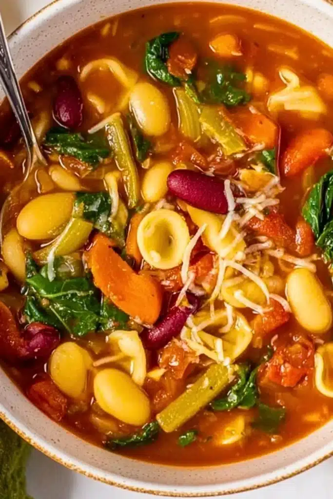 Bowl of copycat Olive Garden minestrone soup with vegetables and pasta