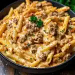 Creamy beef pasta dish garnished with herbs and cheese