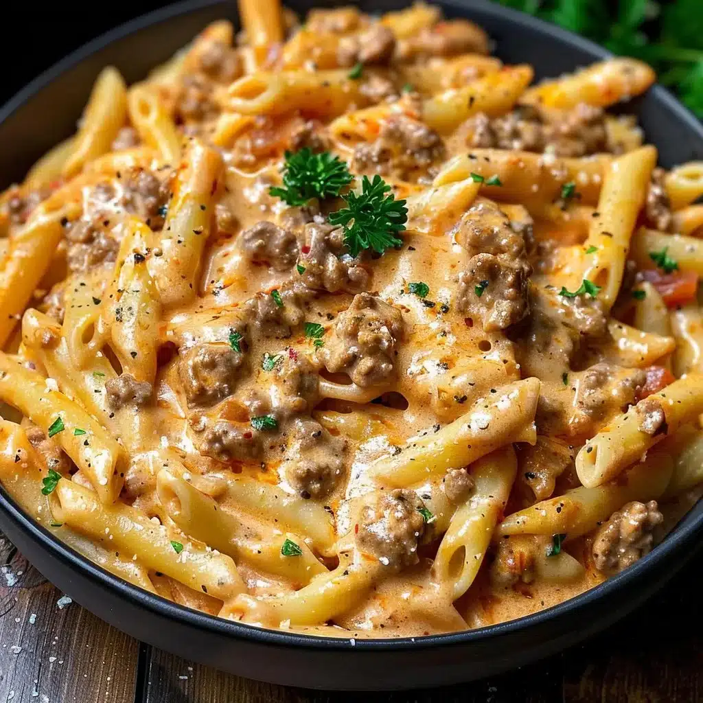 Creamy beef pasta dish garnished with herbs and cheese