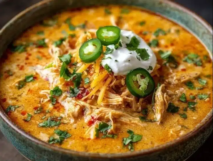 Creamy chicken enchilada soup garnished with cilantro and lime