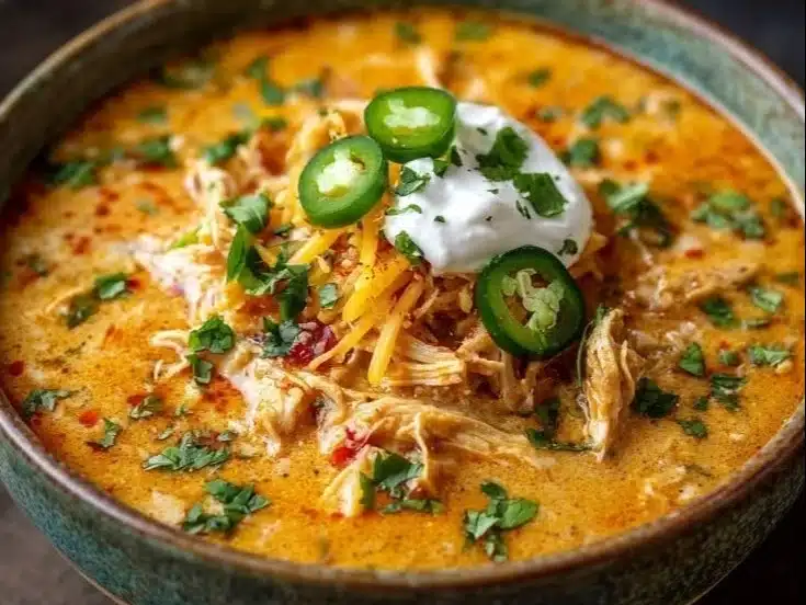 Bowl of creamy chicken enchilada soup garnished with cilantro and cheese