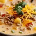 Bowl of creamy Cowboy Soup garnished with herbs and served with bread.