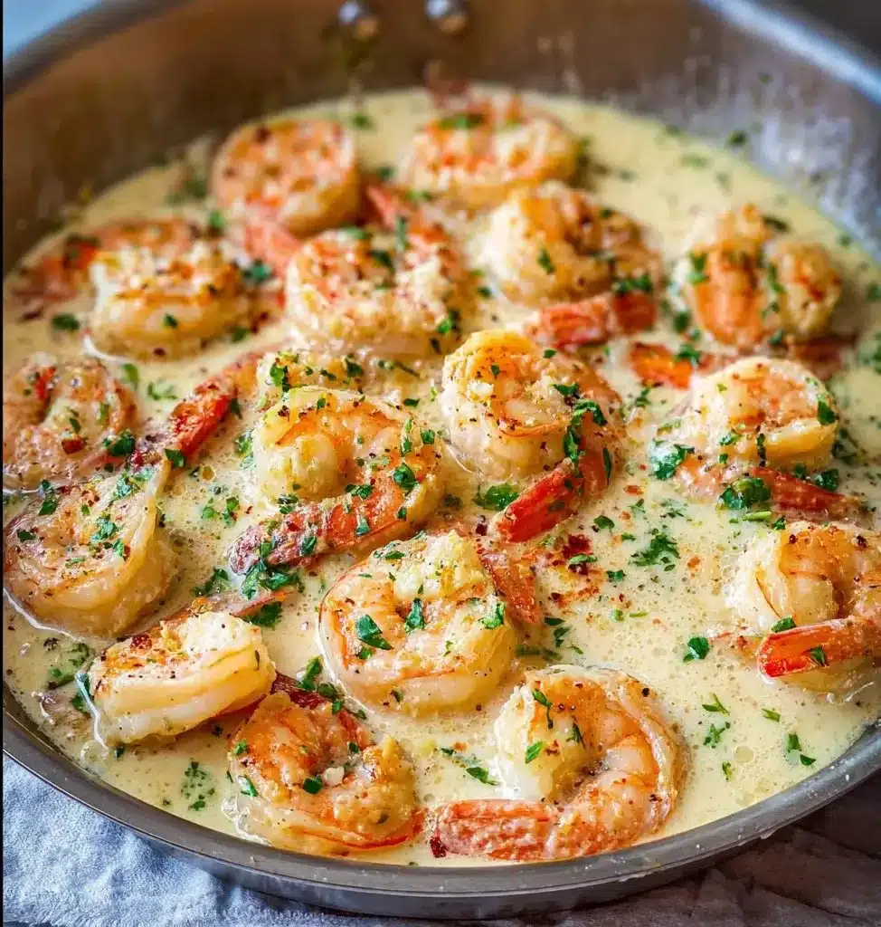 Delicious creamy garlic shrimp served in a bowl with fresh herbs