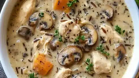 Creamy mushroom chicken soup with wild rice in a bowl