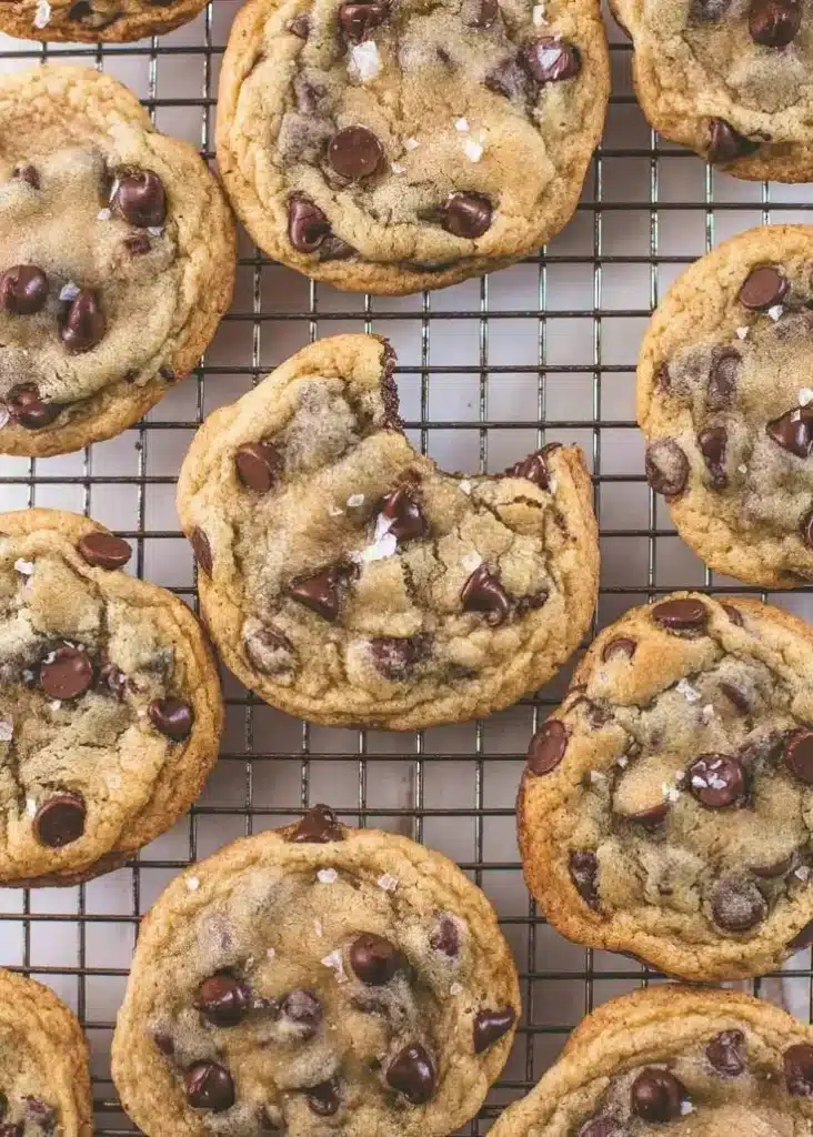 Plate of crispy and chewy chocolate chip cookies fresh from the oven