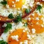 Crispy feta fried eggs served on a plate with fresh herbs