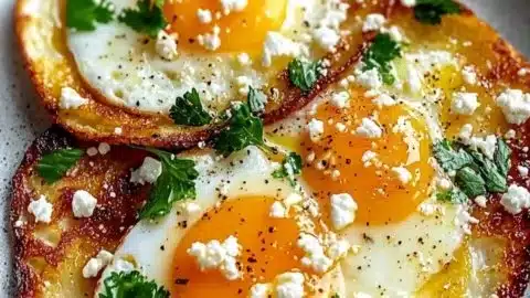 Crispy feta fried eggs served on a plate with fresh herbs