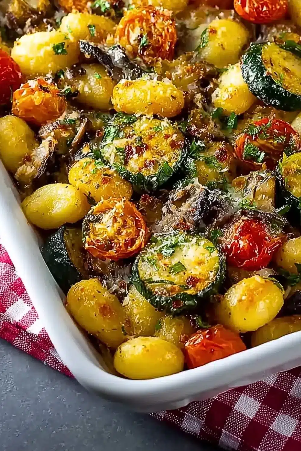Delicious crispy roasted vegetables served with gnocchi