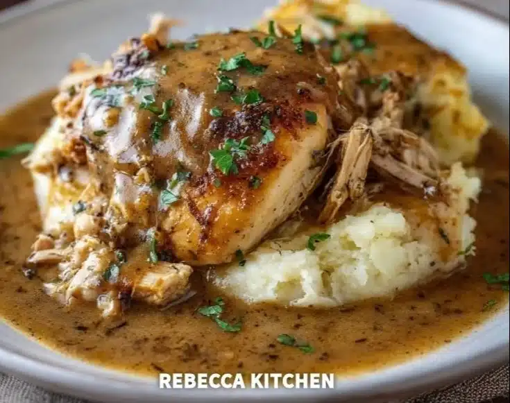 Delicious crockpot chicken and gravy served with rice on a plate