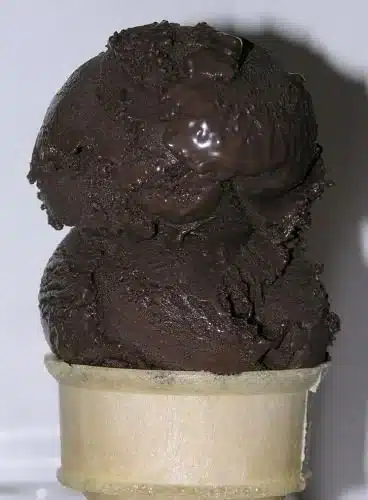 Dark chocolate ice cream topped with cocoa and served in a cone