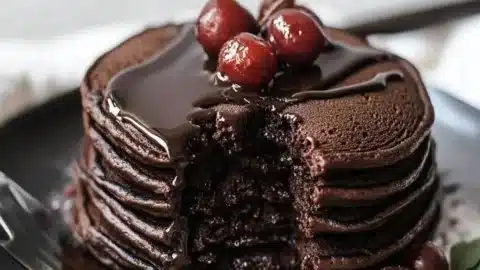 Deliciously stacked chocolate pancakes topped with syrup and berries