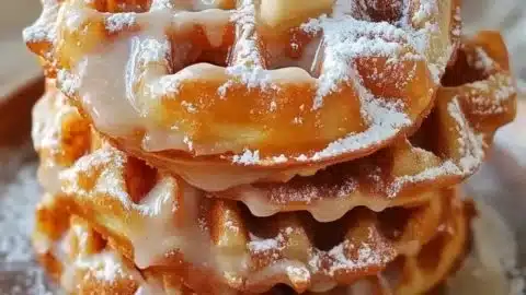 Delicious apple fritter waffles served with glaze and powdered sugar
