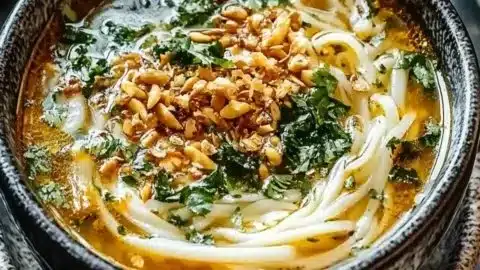 Bowl of delicious Persian noodle soup with herbs and noodles for a cozy night.