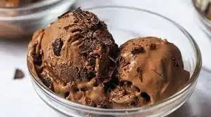 A bowl of double chocolate ice cream topped with chocolate shavings.