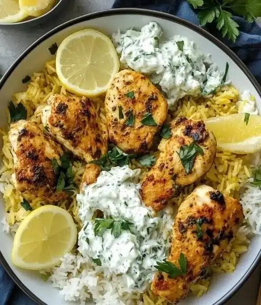Delicious Dump and Bake Chicken Tzatziki Rice dish served in a bowl