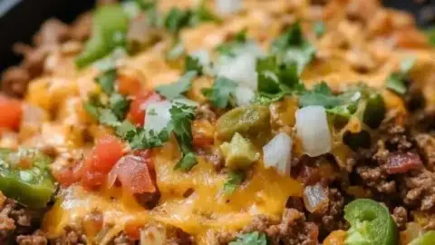 A delicious Easy Beef Burrito Skillet Delight served in a colorful bowl.