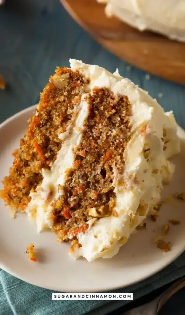 Slice of easy carrot cake topped with cream cheese frosting and walnuts