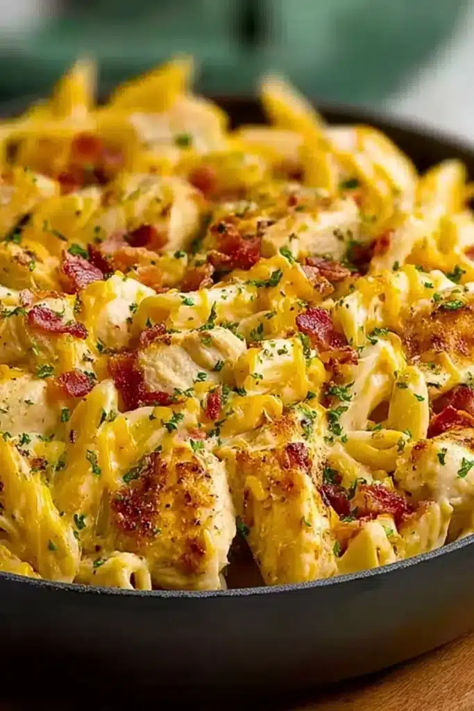 Bowl of easy crack chicken pasta with cheese and herbs