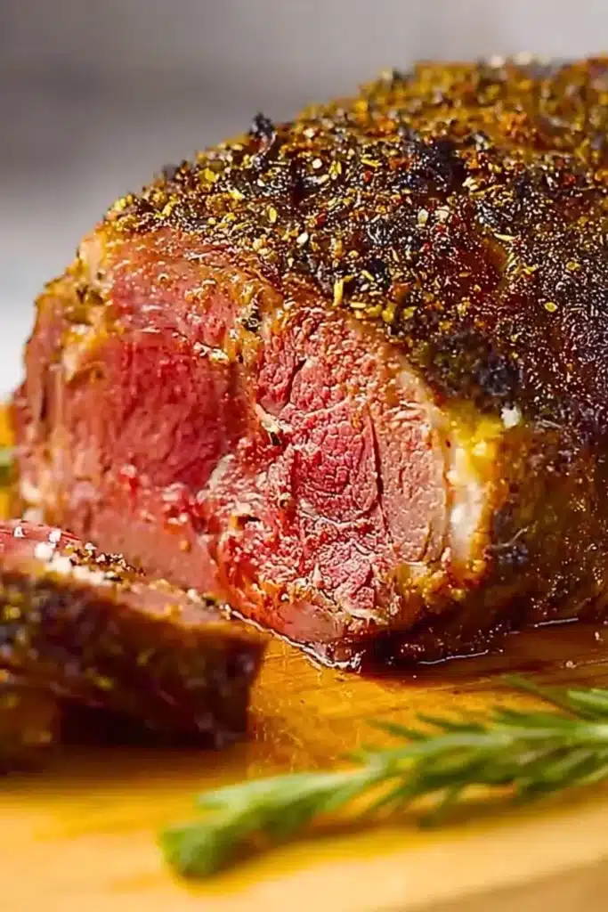 Perfectly cooked Easy Medium Rare Oven Roasted Prime Rib ready to serve.