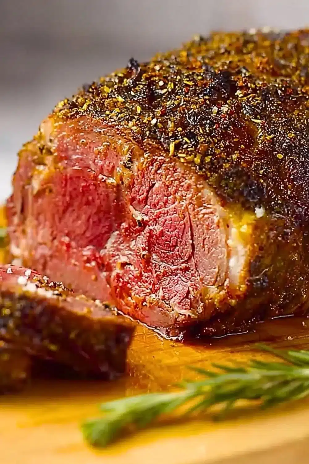 Perfectly cooked Easy Medium Rare Oven Roasted Prime Rib ready to serve.