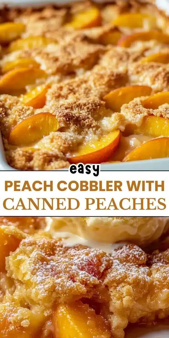Deliciously baked easy peach cobbler served in a dish with fresh peaches.